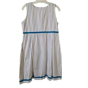 Vintage Sylvia Heigel Women's S Blue Cream Stripe Dress Pleats Ribbon Trim H3.1
